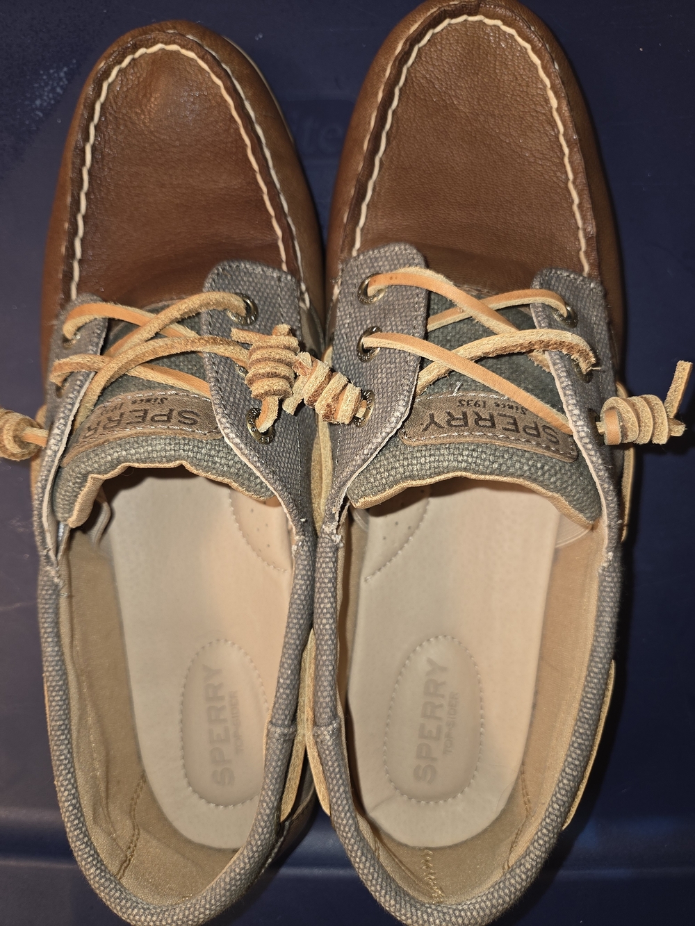 Sperry Songfish Waxy Canvas Boat Shoes Taupe Brown Leather Women's Size 11M.